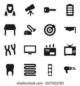 Flat vector icon set - cleaner woman vector, towel, graduate hat, telescope, traffic light, monitor, battery, chromosomes, tooth, key, table, tv, target, mail, vacuum, hair dryer