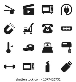 Flat vector icon set - cleaner trolley vector, cleaning agent, kettle, cook press, microwave oven, thermometer, magnet, barbell, measuring, cinema clap, classic phone, hdmi, power plug, mixer, usb