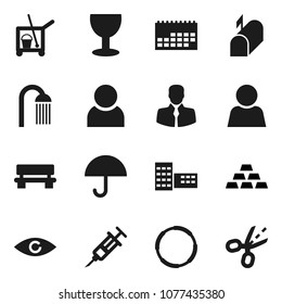 Flat vector icon set - cleaner trolley vector, shower, school building, gold ingot, hoop, client, calendar, glass, umbrella, eye, syringe, bench, user, mailbox, coupon