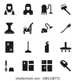 Flat vector icon set - cleaner trolley vector, vacuum, mop, car fetlock, window cleaning, toilet brush, agent, shining, woman