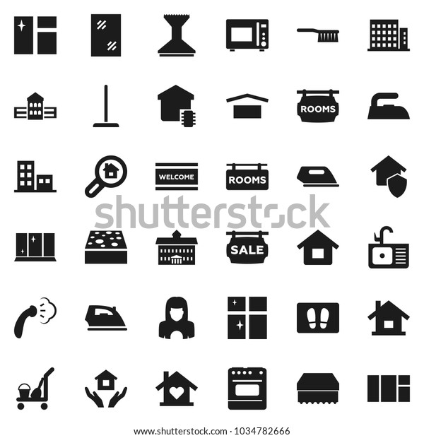 Flat vector icon set - cleaner trolley vector,\
fetlock, mop, sponge, car, window cleaning, welcome mat, iron,\
steaming, shining, house hold, sink, woman, microwave oven,\
university, school\
building
