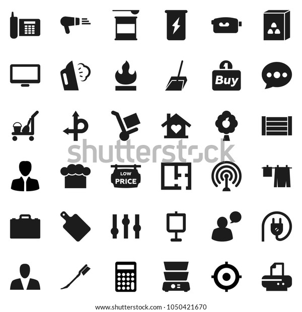 Flat vector icon set - cleaner trolley vector,\
scoop, car fetlock, steaming, drying clothes, cook hat, cutting\
board, double boiler, cereal, case, presentation, manager,\
calculator, target, route