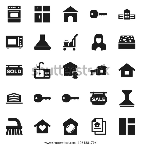Flat vector icon set - cleaner trolley vector,\
fetlock, sponge, car, shining window, sink, woman, microwave oven,\
school building, key, house, cottage, estate document, sale\
signboard, sold, office