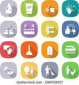 flat vector icon set - cleanser vector, uv cream, bucket and broom, wiping, clean floor, skysrcapers cleaning, skyscrapers, dish, plunger, dry wash, brush, garden, brooming, toilet