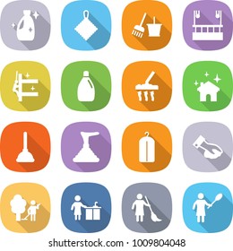 flat vector icon set - cleanser vector, rag, bucket and broom, skysrcapers cleaning, skyscrapers, vacuum cleaner, house, plunger, dry wash, wiping, garden, kitchen, brooming, woman with duster