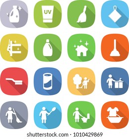 flat vector icon set - cleanser vector, uv cream, broom, rag, skyscrapers cleaning, house, plunger, brush, powder, garden, kitchen, brooming, woman with duster, toilet, handle washing