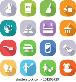 flat vector icon set - cleanser vector, uv cream, broom, bucket and, wiping, clean floor, skysrcapers cleaning, vacuum cleaner, brush, powder, garden, woman with duster, toilet, handle washing