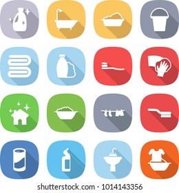 flat vector icon set - cleanser vector, bath, washing, bucket, towel, shampoo, tooth brush, wiping, house cleaning, foam basin, drying clothes, powder, toilet, water tap sink, handle