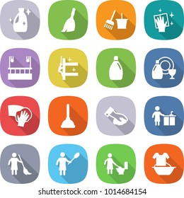 flat vector icon set - cleanser vector, broom, bucket and, wiping, skysrcapers cleaning, skyscrapers, dish, plunger, kitchen, brooming, woman with duster, toilet, handle washing
