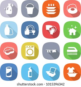 flat vector icon set - cleanser vector, bucket, plate washing, soap, shampoo, dish, wiping, house cleaning, sponge with foam, machine, drying clothes, brush, powder, toilet, floor, handle