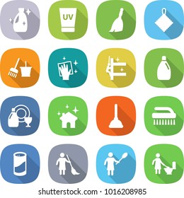 flat vector icon set - cleanser vector, uv cream, broom, rag, bucket and, wiping, skyscrapers cleaning, dish, house, plunger, brush, powder, brooming, woman with duster, toilet