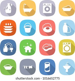 flat vector icon set - cleanser vector, bath, washing machine, plate, bucket, soap, shampoo, dish, house cleaning, sponge with foam, basin, drying clothes, powder, water tap sink