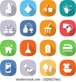 flat vector icon set - cleanser vector, rag, bucket and broom, wiping, clean floor, dish, vacuum cleaner, house cleaning, plunger, dry wash, brush, powder, garden, handle washing