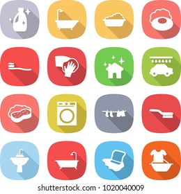flat vector icon set - cleanser vector, bath, washing, soap, tooth brush, wiping, house cleaning, car wash, sponge with foam, machine, drying clothes, water tap sink, floor, handle