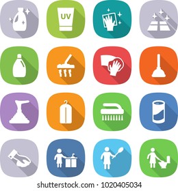flat vector icon set - cleanser vector, uv cream, wiping, clean floor, vacuum cleaner, plunger, dry wash, brush, powder, kitchen cleaning, woman with duster, toilet