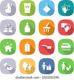flat vector icon set - cleanser vector, uv cream, rag, wiping, clean floor, vacuum cleaner, house cleaning, dry wash, brush, garden, kitchen, toilet