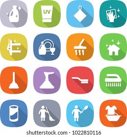 flat vector icon set - cleanser vector, uv cream, rag, wiping, skyscrapers cleaning, dish, vacuum cleaner, house, plunger, brush, powder, brooming, woman with duster, handle washing