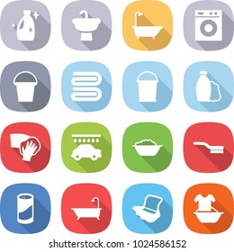 flat vector icon set - cleanser vector, sink, bath, washing machine, bucket, towel, shampoo, wiping, car wash, foam basin, brush, powder, floor, handle