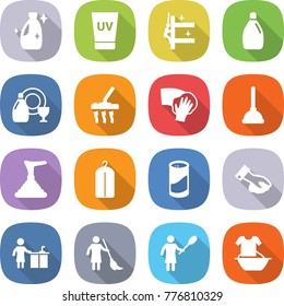 flat vector icon set - cleanser vector, uv cream, skyscrapers cleaning, dish, vacuum cleaner, wiping, plunger, dry wash, powder, kitchen, brooming, woman with duster, handle washing