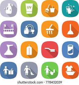 flat vector icon set - cleanser vector, uv cream, bucket and broom, wiping, skysrcapers cleaning, dish, vacuum cleaner, plunger, dry wash, brush, powder, kitchen, brooming, toilet, handle washing