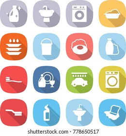 flat vector icon set - cleanser vector, sink, washing machine, plate, bucket, soap, shampoo, tooth brush, dish, car wash, toilet, water tap, floor