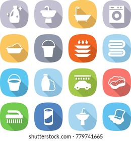 flat vector icon set - cleanser vector, sink, bath, washing machine, bucket, plate, towel, shampoo, car wash, sponge with foam, brush, powder, water tap, floor