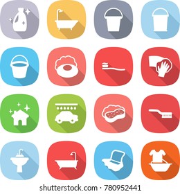 flat vector icon set - cleanser vector, bath, bucket, soap, tooth brush, wiping, house cleaning, car wash, sponge with foam, water tap sink, floor washing, handle