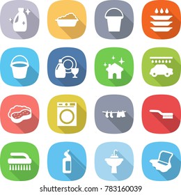 flat vector icon set - cleanser vector, washing, bucket, plate, dish, house cleaning, car wash, sponge with foam, machine, drying clothes, brush, toilet, water tap sink, floor