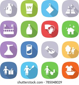 flat vector icon set - cleanser vector, uv cream, rag, clean floor, skysrcapers cleaning, wiping, house, plunger, powder, garden, kitchen, woman with duster, toilet, handle washing
