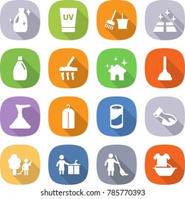 flat vector icon set - cleanser vector, uv cream, bucket and broom, clean floor, vacuum cleaner, house cleaning, plunger, dry wash, powder, wiping, garden, kitchen, brooming, handle washing