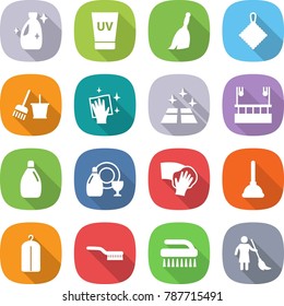 flat vector icon set - cleanser vector, uv cream, broom, rag, bucket and, wiping, clean floor, skysrcapers cleaning, dish, plunger, dry wash, brush, brooming