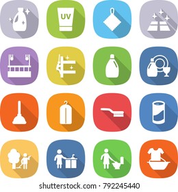 flat vector icon set - cleanser vector, uv cream, rag, clean floor, skysrcapers cleaning, skyscrapers, dish, plunger, dry wash, brush, powder, garden, kitchen, toilet, handle washing