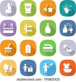 flat vector icon set - cleanser vector, uv cream, bucket and broom, wiping, skysrcapers cleaning, skyscrapers, dish, vacuum cleaner, dry wash, brush, garden, kitchen, woman with duster