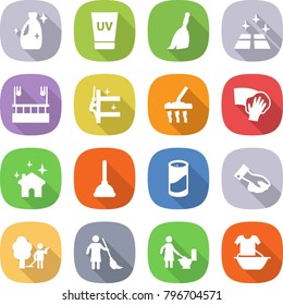 flat vector icon set - cleanser vector, uv cream, broom, clean floor, skysrcapers cleaning, skyscrapers, vacuum cleaner, wiping, house, plunger, powder, garden, brooming, toilet, handle washing