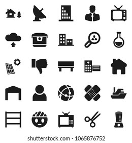 Flat vector icon set - client vector, ship, shelving, satellite antenna, tv, finger down, flask, scissors, patch, hospital building, head bandage, connection, home, bench, cloud upload, user, chalet