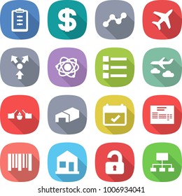 flat vector icon set - clipboard vector, dollar, graph, plane, core splitting, atom, list, journey, drawbridge, warehouse, terms, invoice, bar code, home, unlocked, hierarchy