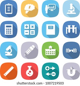flat vector icon set - clipboard vector, brain, presentation, microscope, calculator, copybook, test vial, pencil, university, school, ruler, chemical, charge particle, electric magnet