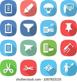 flat vector icon set - clipboard vector, marker, parachute, presentation, funnel, mall, pin, deltaplane, hotel, welding, scissors, clothespin, woman with duster