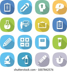 flat vector icon set - clipboard vector, pencil, bulb head, brain, round flask, presentation, electrostatic, calculator, copybook, test vial, microscope, potion bottle, electric magnet