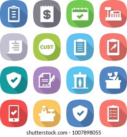 flat vector icon set - clipboard vector, receipt, calendar, cashbox, shopping list, customs, pen, protected, inventory, detector, inspector, mobile checking, reception, shield