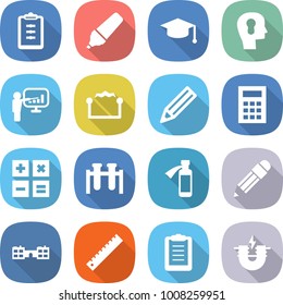 flat vector icon set - clipboard vector, marker, graduate hat, bulb head, presentation, electrostatic, pencil, calculator, test vial, potion bottle, school, ruler, electric magnet