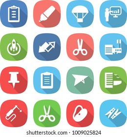 flat vector icon set - clipboard vector, marker, parachute, presentation, rocket, up down arrow, scissors, mall, pin, deltaplane, hotel, welding, beans, clothespin