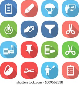 flat vector icon set - clipboard vector, marker, parachute, presentation, rocket, up down arrow, funnel, scissors, mall, pin, hotel, beans, woman with duster, list
