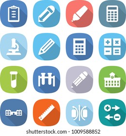 flat vector icon set - clipboard vector, pencil, marker, calculator, microscope, test vial, university, school, ruler, magnetic field, charge particle
