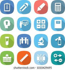 flat vector icon set - clipboard vector, pencil, marker, calculator, bulb head, presentation, copybook, test vial, microscope, potion bottle, university, ruler, magnetic field, charge particle