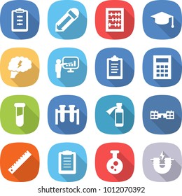 flat vector icon set - clipboard vector, pencil, abacus, graduate hat, brain, presentation, calculator, test vial, potion bottle, school, ruler, chemical, electric magnet