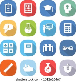 flat vector icon set - clipboard vector, abacus, graduate hat, bulb head, brain, round flask, presentation, calculator, copybook, test vial, school, ruler, acid, chemical, electric magnet