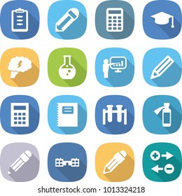 flat vector icon set - clipboard vector, pencil, calculator, graduate hat, brain, round flask, presentation, copybook, test vial, potion bottle, school, charge particle