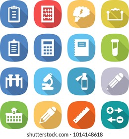 flat vector icon set - clipboard vector, abacus, brain, electrostatic, calculator, copybook, test vial, microscope, potion bottle, pencil, university, ruler, charge particle