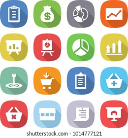 flat vector icon set - clipboard vector, money bag, circle diagram, statistics, presentation, graph up, target, add to cart, basket, delete, market, shopping list